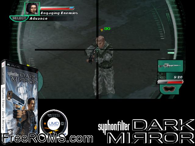 Syphon Filter - Dark Mirror Europe (M5) PSP game showing 3D box cover and gameplay screenshot