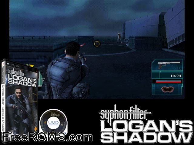 Syphon Filter - Logan's Shadow PSP game showing 3D box cover and gameplay screenshot