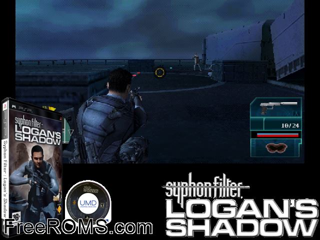 Syphon Filter - Logans Shadow Europe (M7) PSP game showing 3D box cover and gameplay screenshot