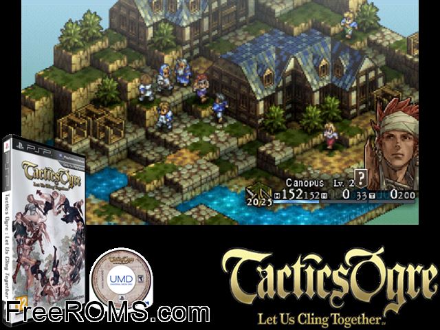 Tactics Ogre - Let Us Cling Together PSP game showing 3D box cover and gameplay screenshot
