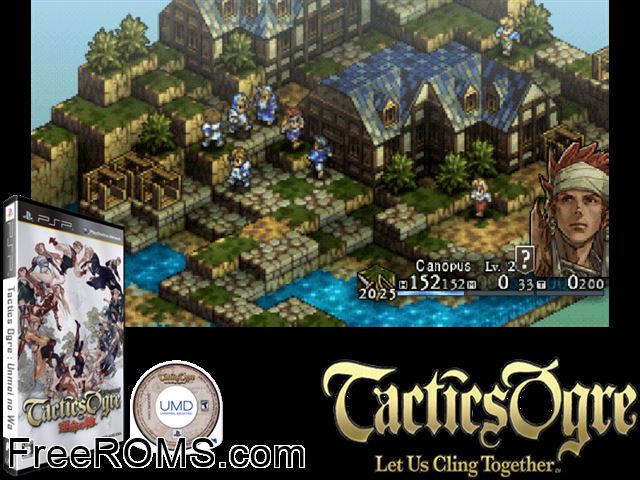 Tactics Ogre - Unmei no Wa Japan PSP game showing 3D box cover and gameplay screenshot