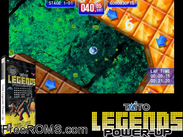 Taito Legends - Power-Up Europe (M5) PSP game showing 3D box cover and gameplay screenshot