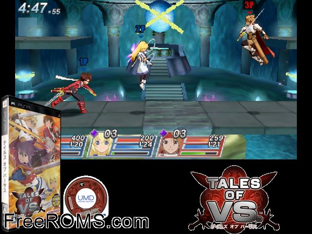 Tales of VS Japan PSP game showing 3D box cover and gameplay screenshot