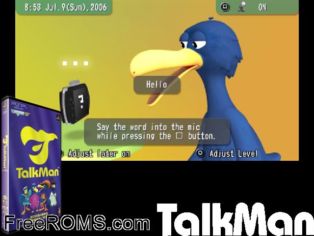 TalkMan Canada (M4) PSP game showing 3D box cover and gameplay screenshot