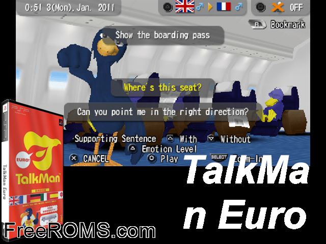 TalkMan Euro Canada (M6) PSP game showing 3D box cover and gameplay screenshot