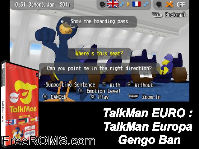 Talkman Euro Japan (M6) PSP game showing 3D box cover and gameplay screenshot