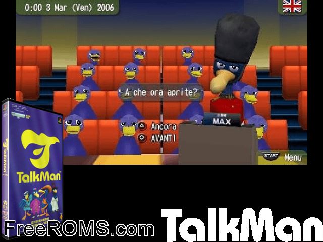 TalkMan Europe (M6) PSP game showing 3D box cover and gameplay screenshot