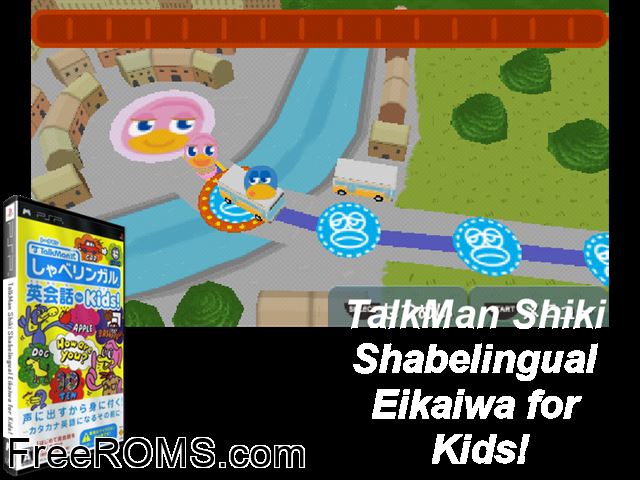 TalkMan Shiki Shabilingual Eikaiwa for Kids Japan (M2) PSP game showing 3D box cover and gameplay screenshot