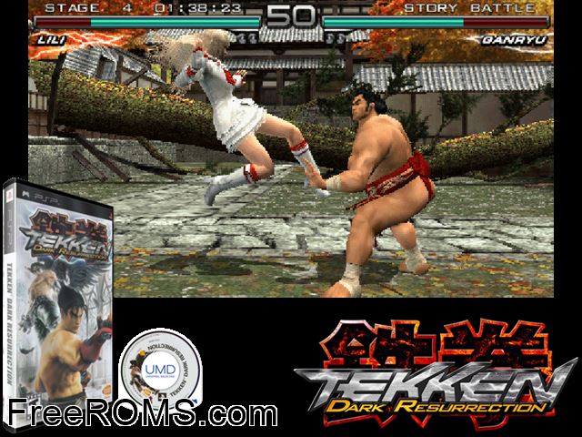 Tekken - Dark Resurrection PSP game showing 3D box cover and gameplay screenshot