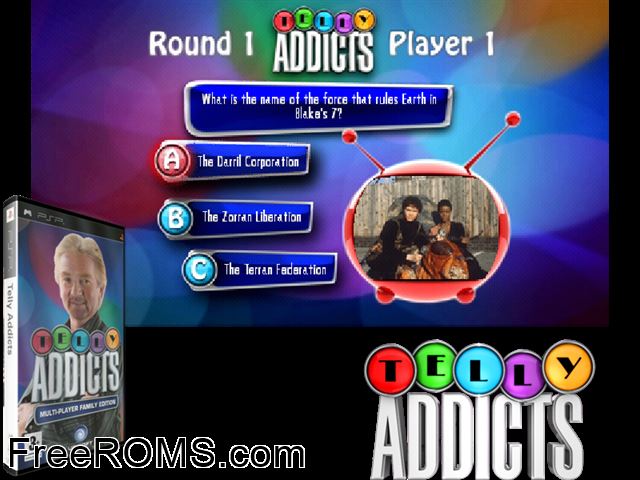 Telly Addicts Europe PSP game showing 3D box cover and gameplay screenshot