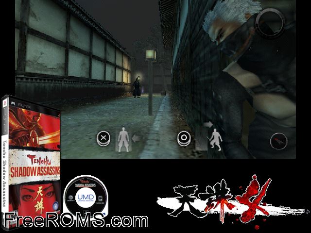 Tenchu - Shadow Assassins PSP game showing 3D box cover and gameplay screenshot