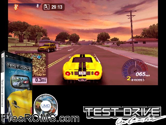 Test Drive Unlimited PSP game showing 3D box cover and gameplay screenshot
