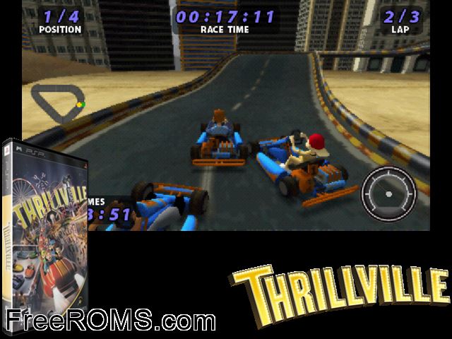 Thrillville PSP game showing 3D box cover and gameplay screenshot