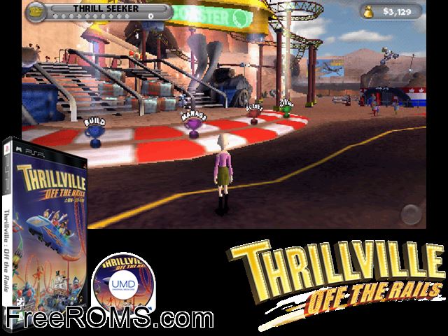 Thrillville - Off the Rails Korea PSP game showing 3D box cover and gameplay screenshot