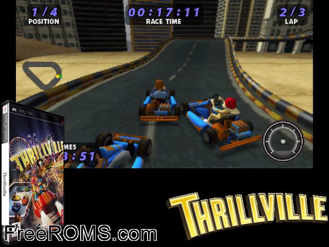 Thrillville Europe (M5) PSP game showing 3D box cover and gameplay screenshot