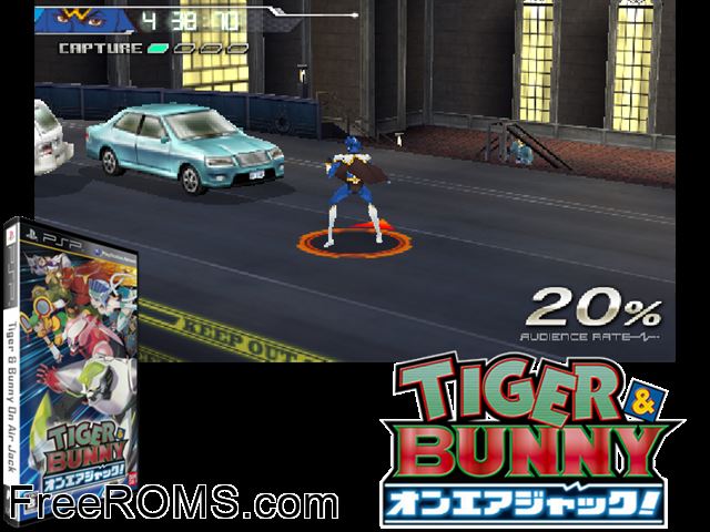 Tiger and Bunny - On-Air Jack Japan PSP game showing 3D box cover and gameplay screenshot