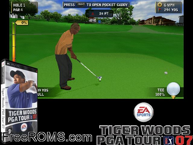 Tiger Woods PGA Tour 07 Europe PSP game showing 3D box cover and gameplay screenshot