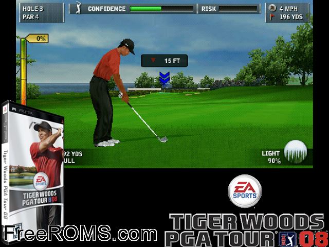 Tiger Woods PGA Tour 08 PSP game showing 3D box cover and gameplay screenshot