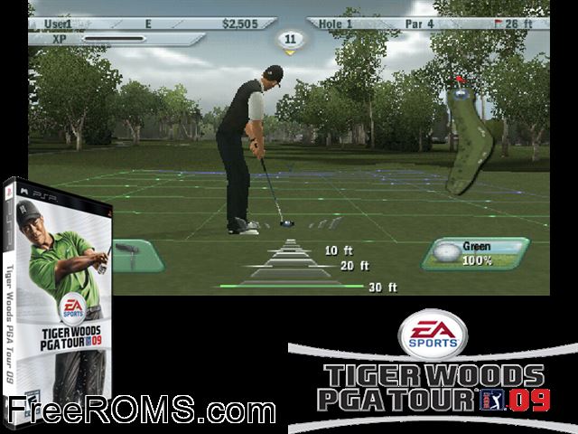 Tiger Woods PGA Tour 09 PSP game showing 3D box cover and gameplay screenshot