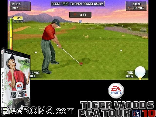 Tiger Woods PGA Tour 10 PSP game showing 3D box cover and gameplay screenshot