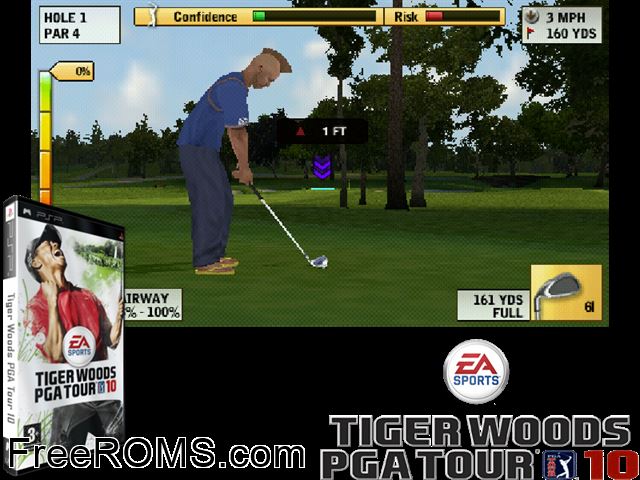 Tiger Woods PGA Tour 10 Europe PSP game showing 3D box cover and gameplay screenshot