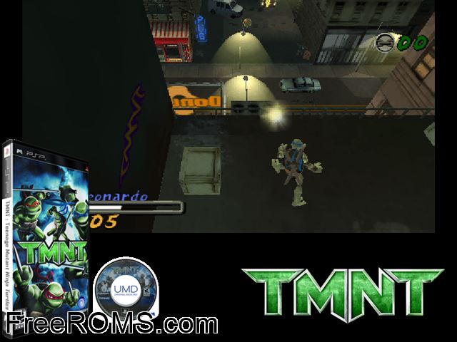 TMNT (M5) PSP game showing 3D box cover and gameplay screenshot
