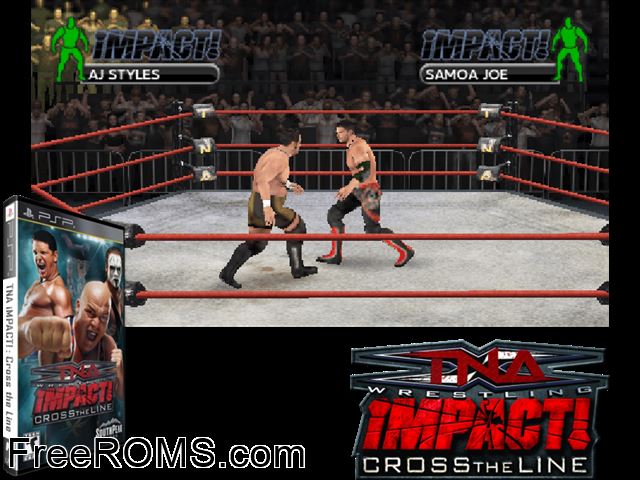 TNA Impact - Cross the Line (M2) PSP game showing 3D box cover and gameplay screenshot
