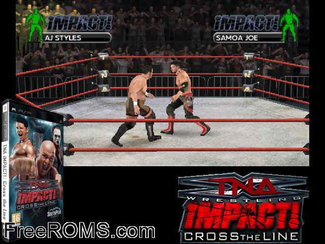 TNA Impact - Cross the Line Europe (M5) PSP game showing 3D box cover and gameplay screenshot