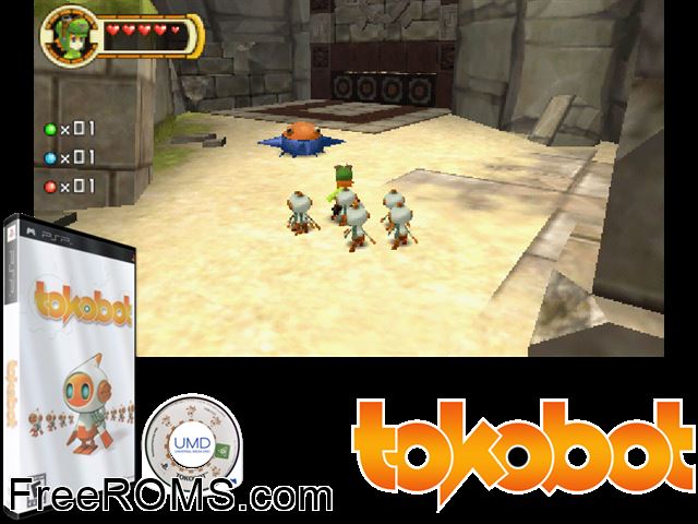 Tokobot PSP game showing 3D box cover and gameplay screenshot