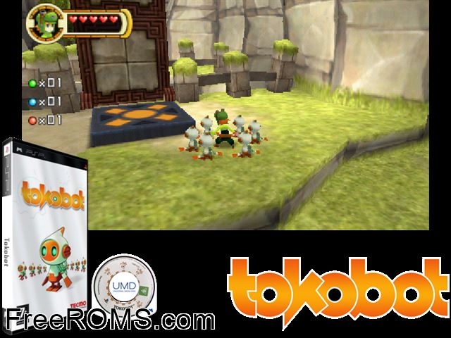 Tokobot Europe (M5) PSP game showing 3D box cover and gameplay screenshot