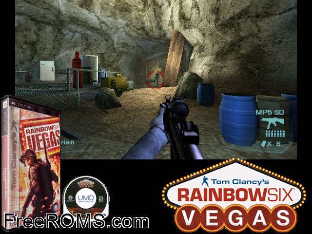 Tom Clancys Rainbow Six - Vegas (M3) PSP game showing 3D box cover and gameplay screenshot