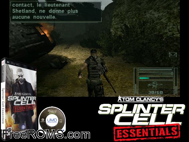 Tom Clancys Splinter Cell - Essentials (v2) Europe (M5) PSP game showing 3D box cover and gameplay screenshot
