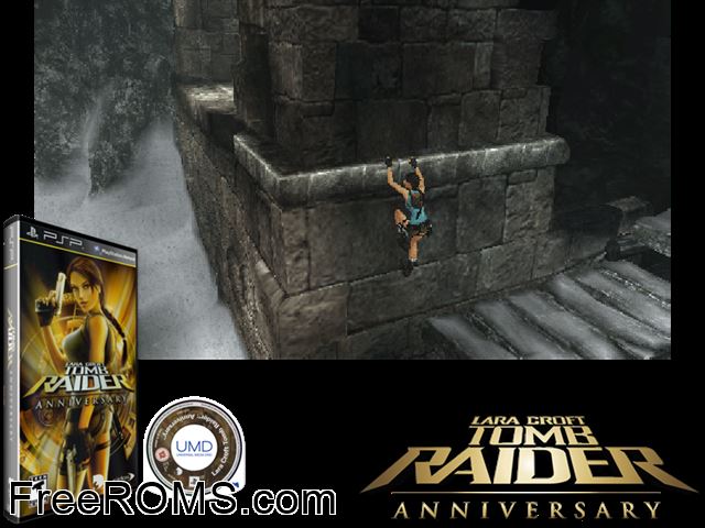 Tomb Raider - Anniversary PSP game showing 3D box cover and gameplay screenshot