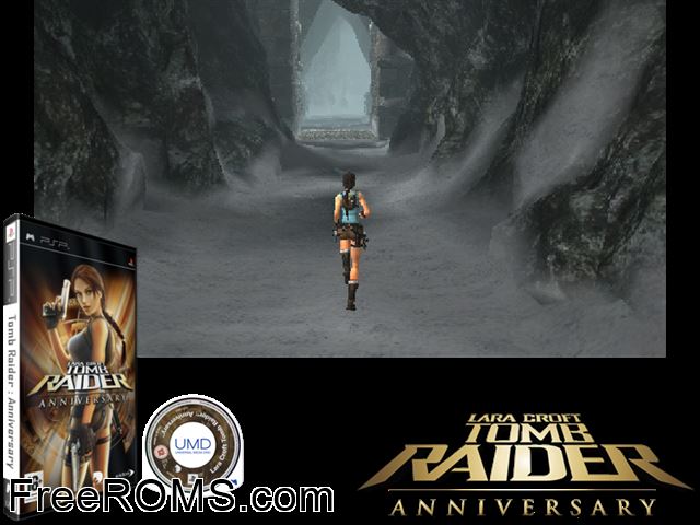 Tomb Raider - Anniversary Europe (M5) PSP game showing 3D box cover and gameplay screenshot