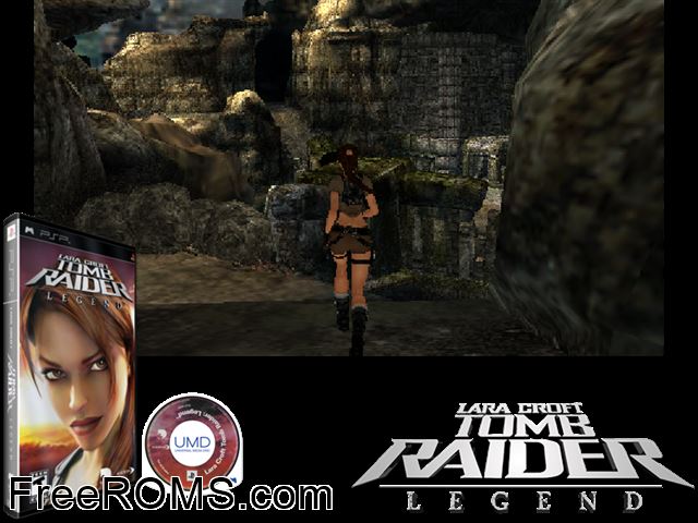 Tomb Raider - Legend PSP game showing 3D box cover and gameplay screenshot