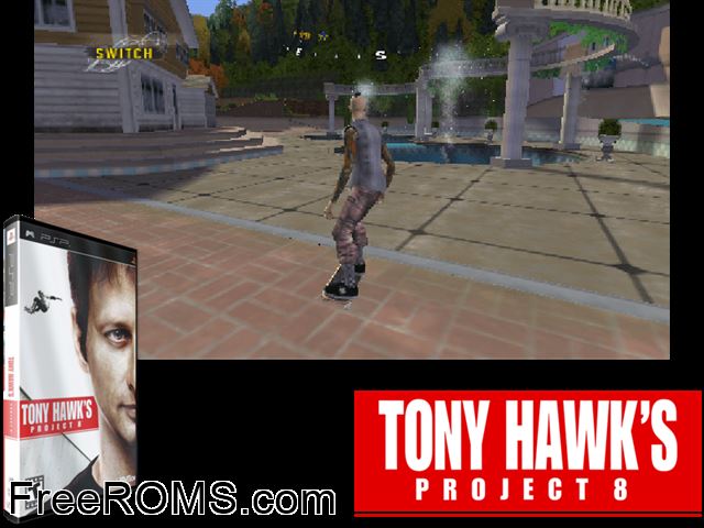 Tony Hawk's Project 8 PSP game showing 3D box cover and gameplay screenshot