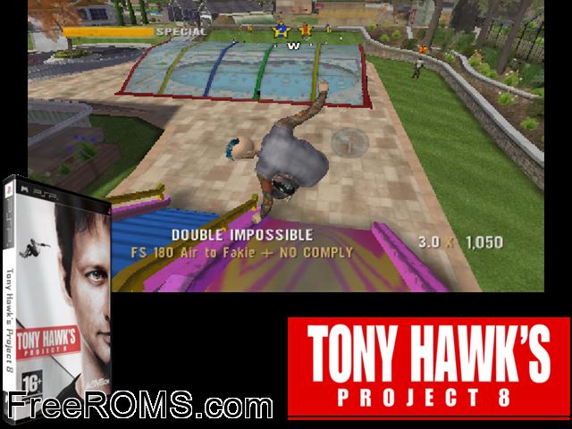 Tony Hawks Project 8 Europe PSP game showing 3D box cover and gameplay screenshot