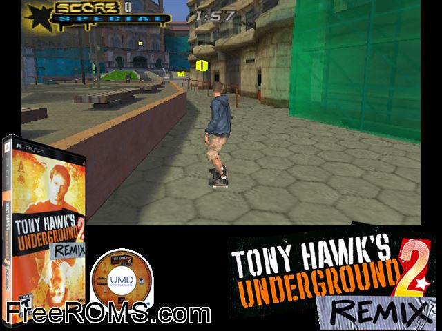 Tony Hawk's Underground 2 - Remix PSP game showing 3D box cover and gameplay screenshot