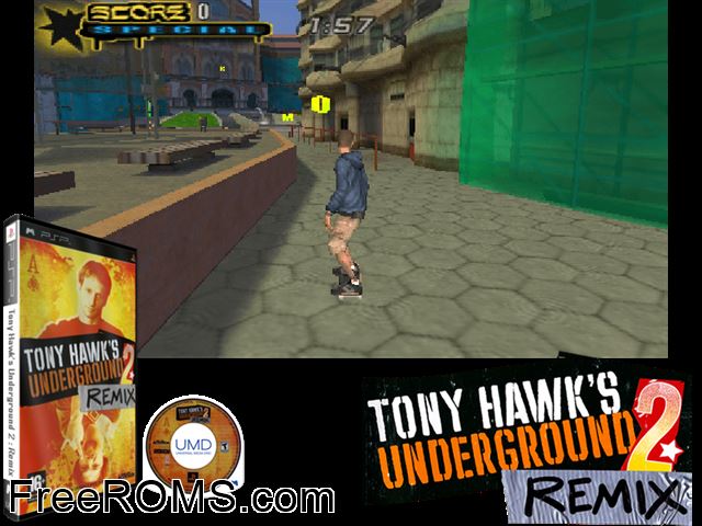 Tony Hawks Underground 2 - Remix Europe PSP game showing 3D box cover and gameplay screenshot