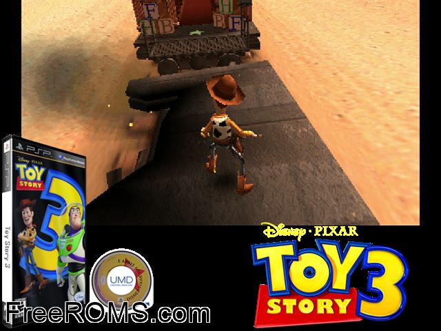 Toy Story 3 (M3) PSP game showing 3D box cover and gameplay screenshot