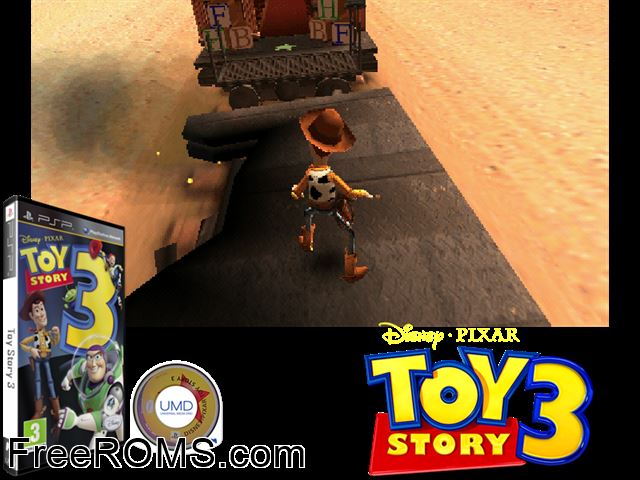 Toy Story 3 Europe (M4) PSP game showing 3D box cover and gameplay screenshot