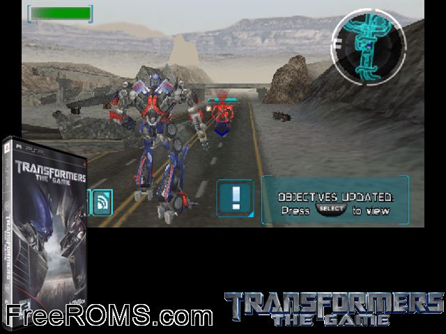 Transformers - The Game PSP game showing 3D box cover and gameplay screenshot