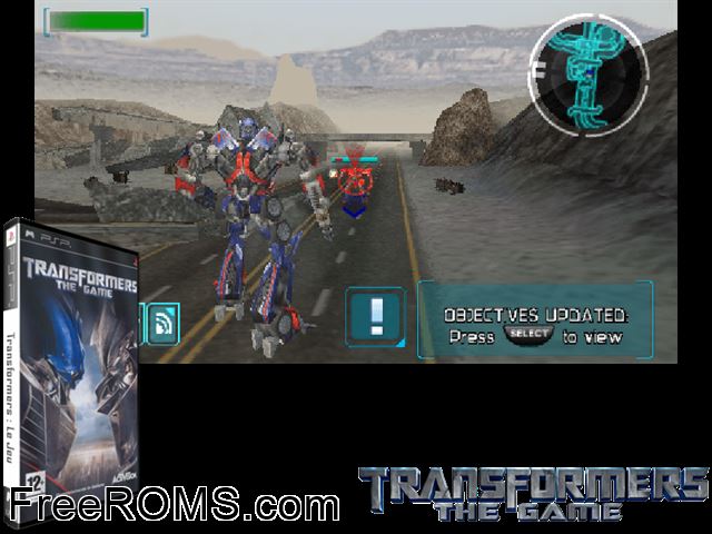 Transformers - The Game Europe PSP game showing 3D box cover and gameplay screenshot