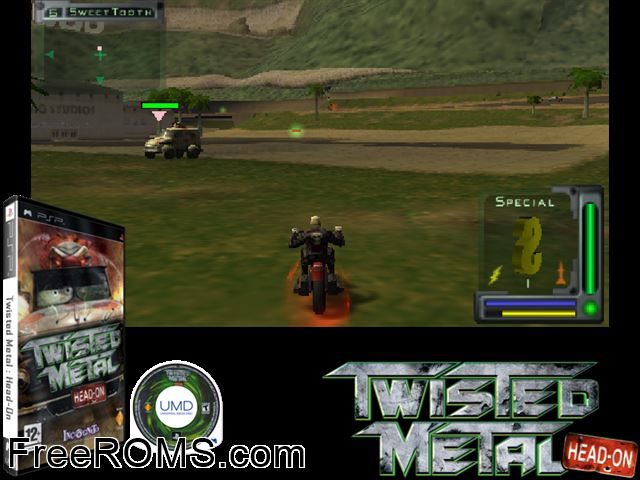 Twisted Metal - Head-On (Europe) PSP game showing 3D box cover and gameplay screenshot