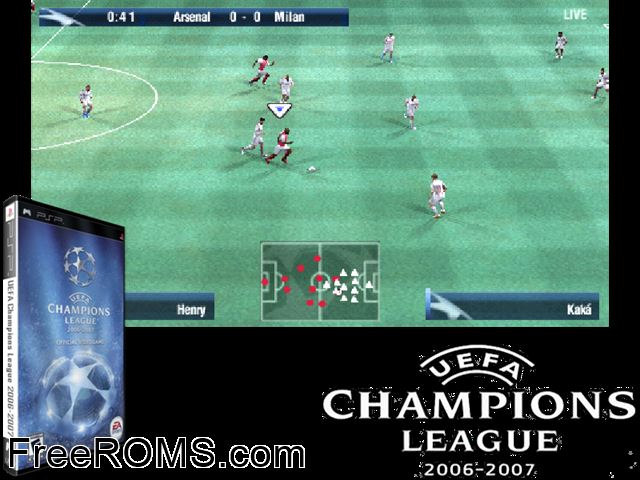 UEFA Champions League 2006-2007 PSP game showing 3D box cover and gameplay screenshot