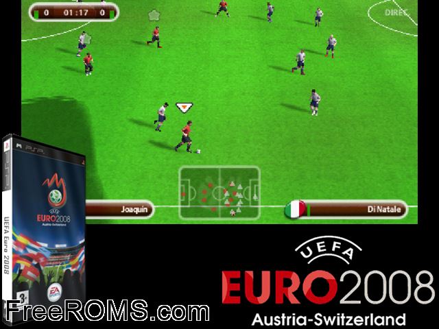 UEFA Euro 2008 Europe (M3) PSP game showing 3D box cover and gameplay screenshot