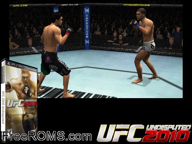 UFC 2010 Undisputed PSP game showing 3D box cover and gameplay screenshot