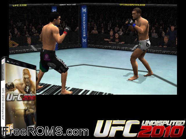 UFC 2010 Undisputed Europe (M5) PSP game showing 3D box cover and gameplay screenshot