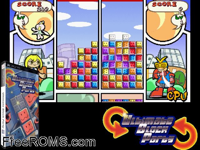 Ultimate Block Party PSP game showing 3D box cover and gameplay screenshot