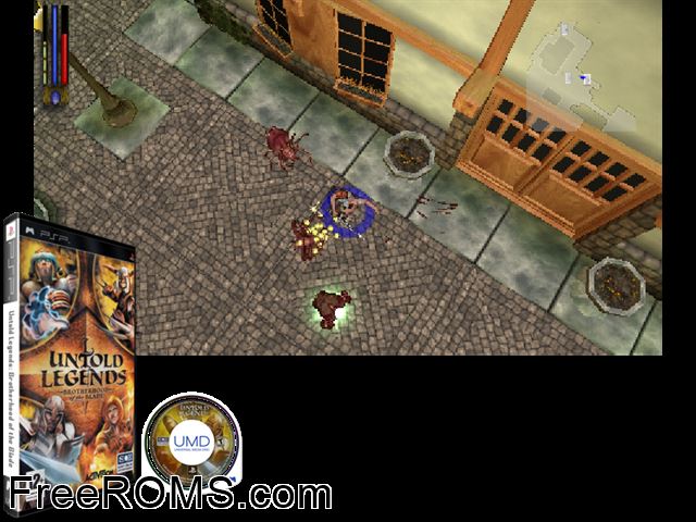 Untold Legends - Brotherhood of the Blade Europe (M5) PSP game showing 3D box cover and gameplay screenshot